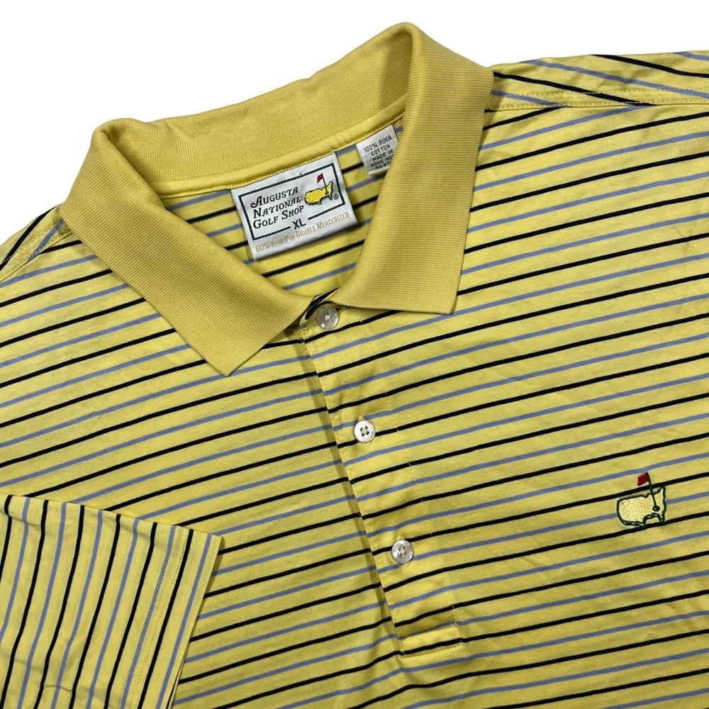 Augusta National Golf Shop Polo Mens XL Yellow Striped Pima Cotton‎ Masters Logo